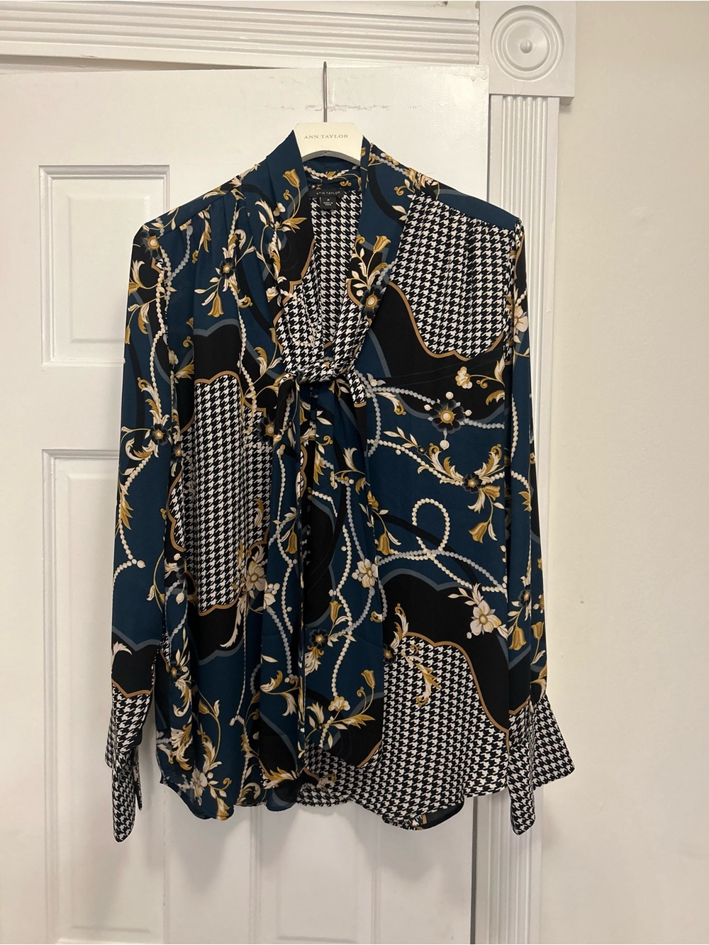 Ann Taylor Teal & Black Patterned Tie-Neck Blouse